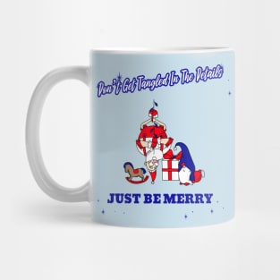 “Don’t Get Tangled In The Details— Just Be Merry” Upside Down Santa With Facepalming Elf Mug